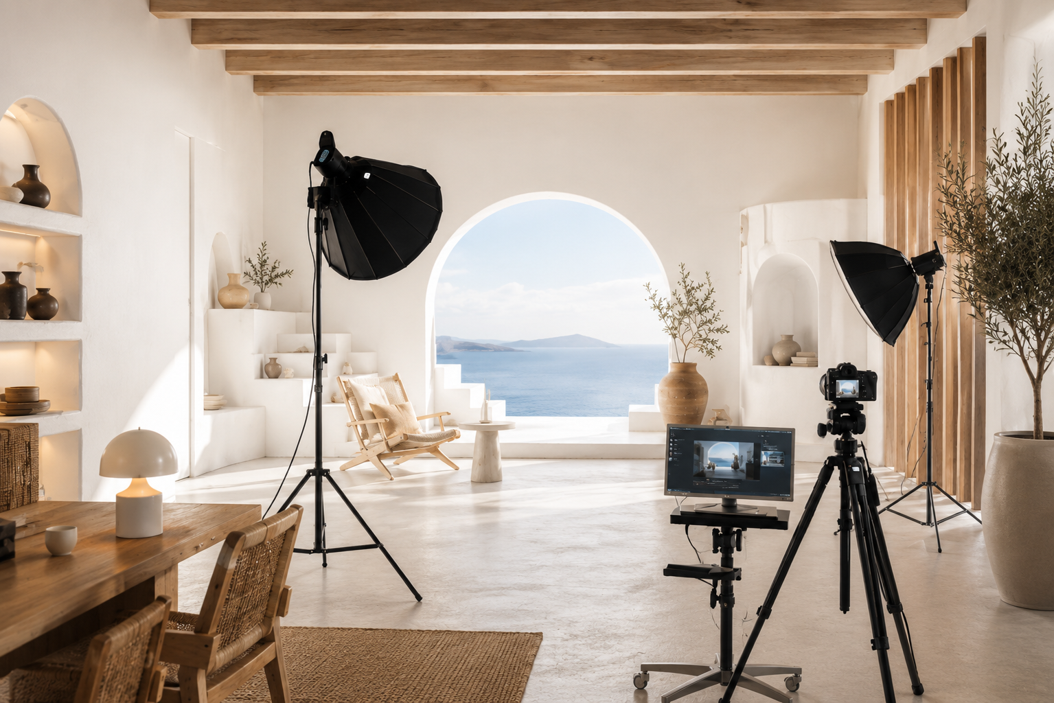 Lightspace product photography studio with softboxes, camera, and Mediterranean view